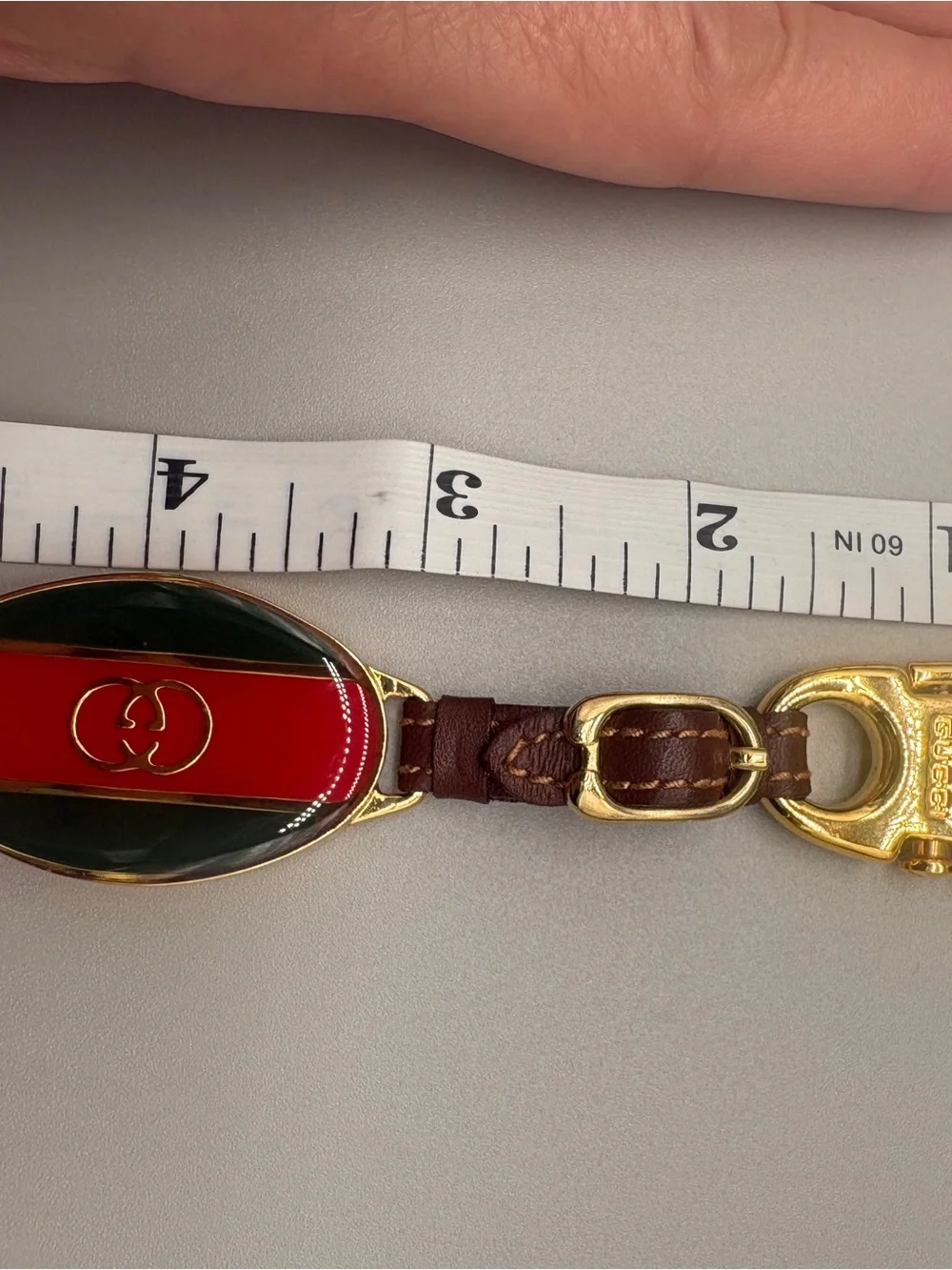 Vintage Gucci GG Enamel Key Ring Red Green Leather Gold Tone with COA